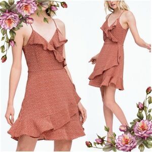 Charlotte Russe Rust Retro Dots Faux Wrap Ruffle Trim Boho mini Dress size XS